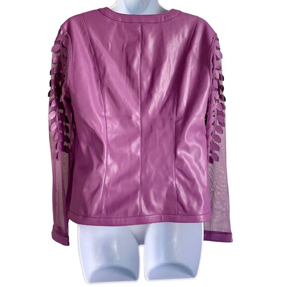 Colleen Lopez Purple Mesh Jacket Leaf Pattern and Faux Leather Women's XS NEW - Picture 3 of 13